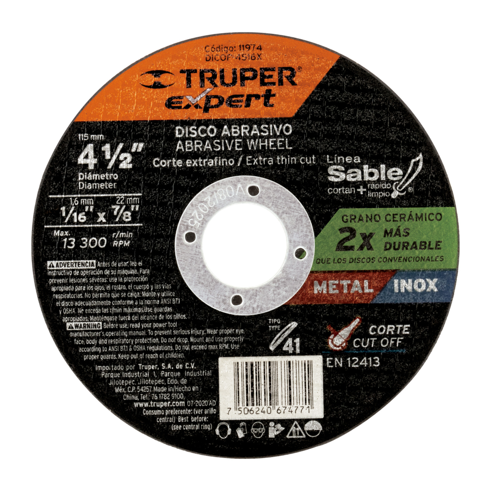 Disco Tipo 41 de 4-1/2' x 1.6 mm corte fino de metal, Expert DICOF-4516X
