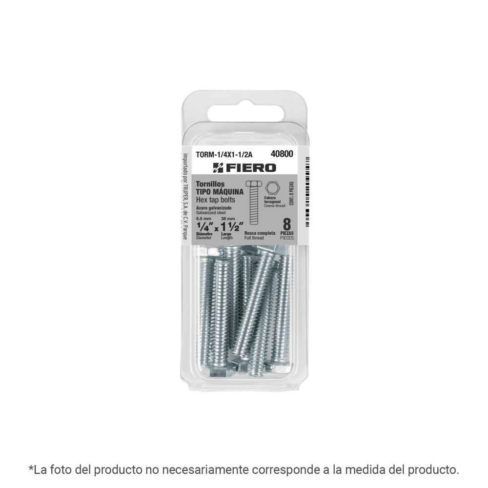 Blíster 4 tornillos máquina 3/8x2' hexagonal,galvanizado TORM-3/8X2A