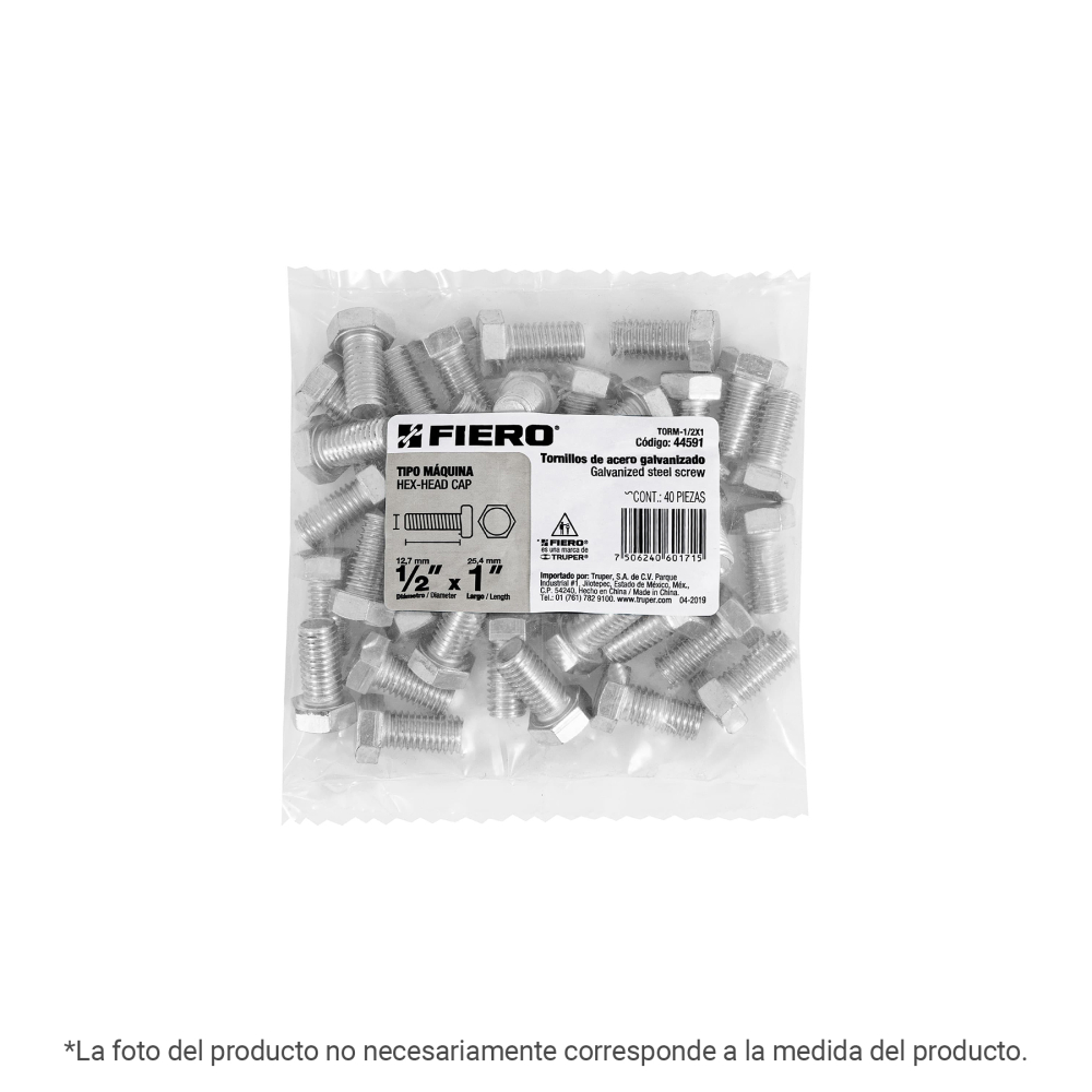 Bolsa con 8 tornillos 1/2' x 7' tipo máquina, FIERO TORM-1/2X7