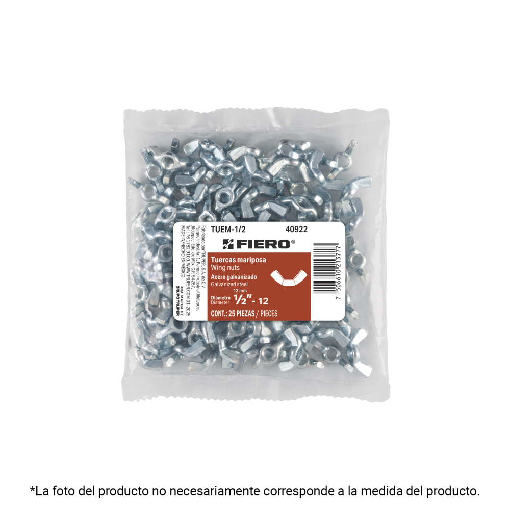 Bolsa con 50 tuercas tipo mariposa, 3/8' , FIERO TUEM-3/8