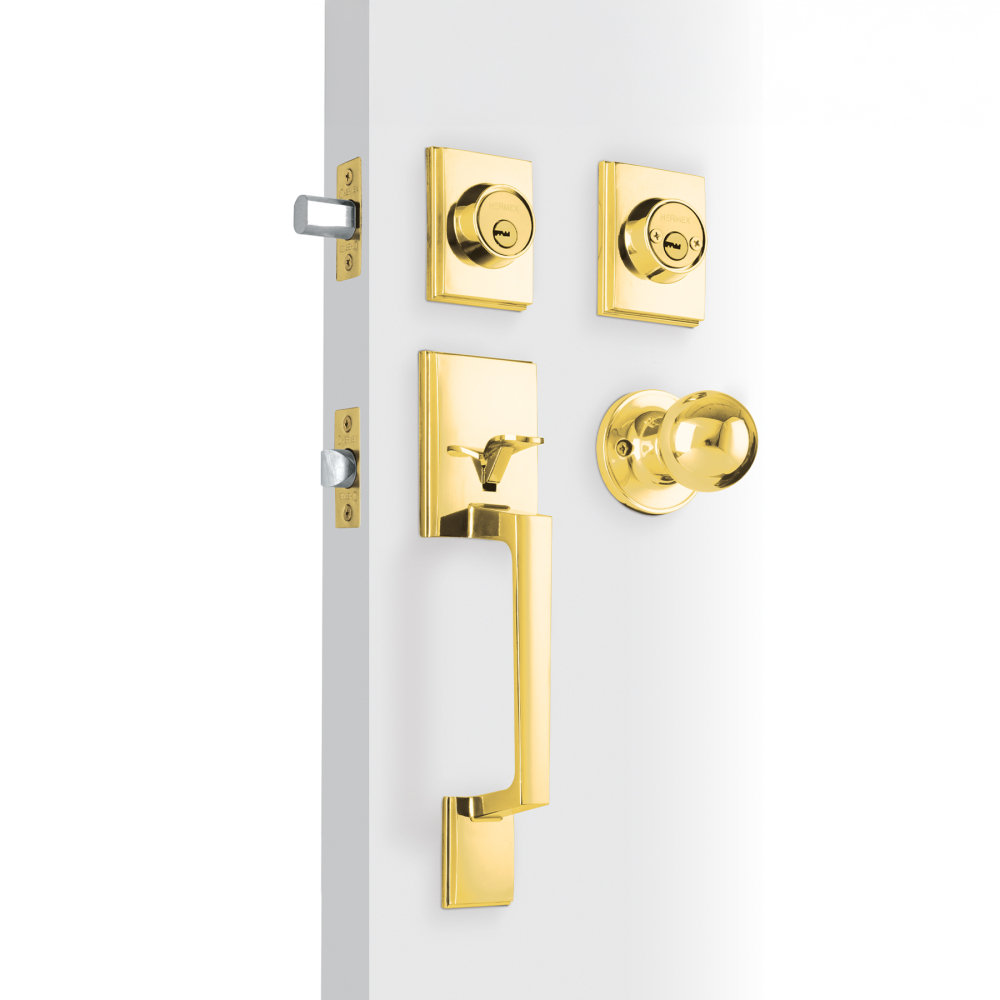 Jaladera, perilla y cerrojo llave-llave 'Porto', latón brill CEP-12PJC