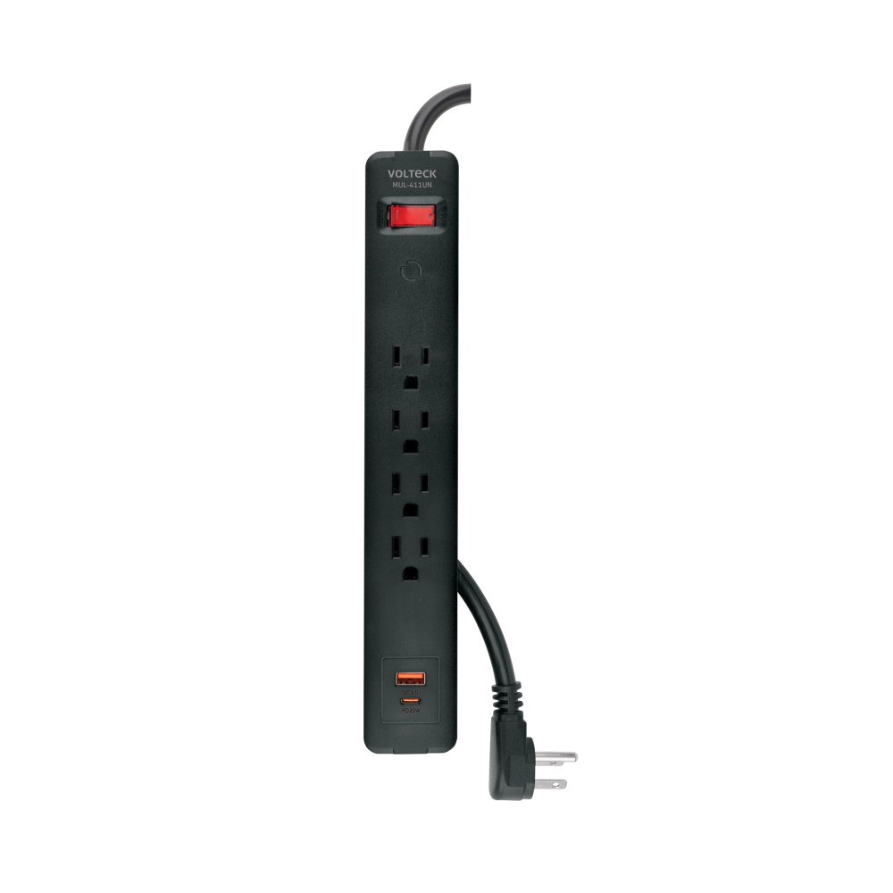 Multicontacto 4 entradas, 1 USB A + 1 USB C, negro, VOLTECK MUL-411UN