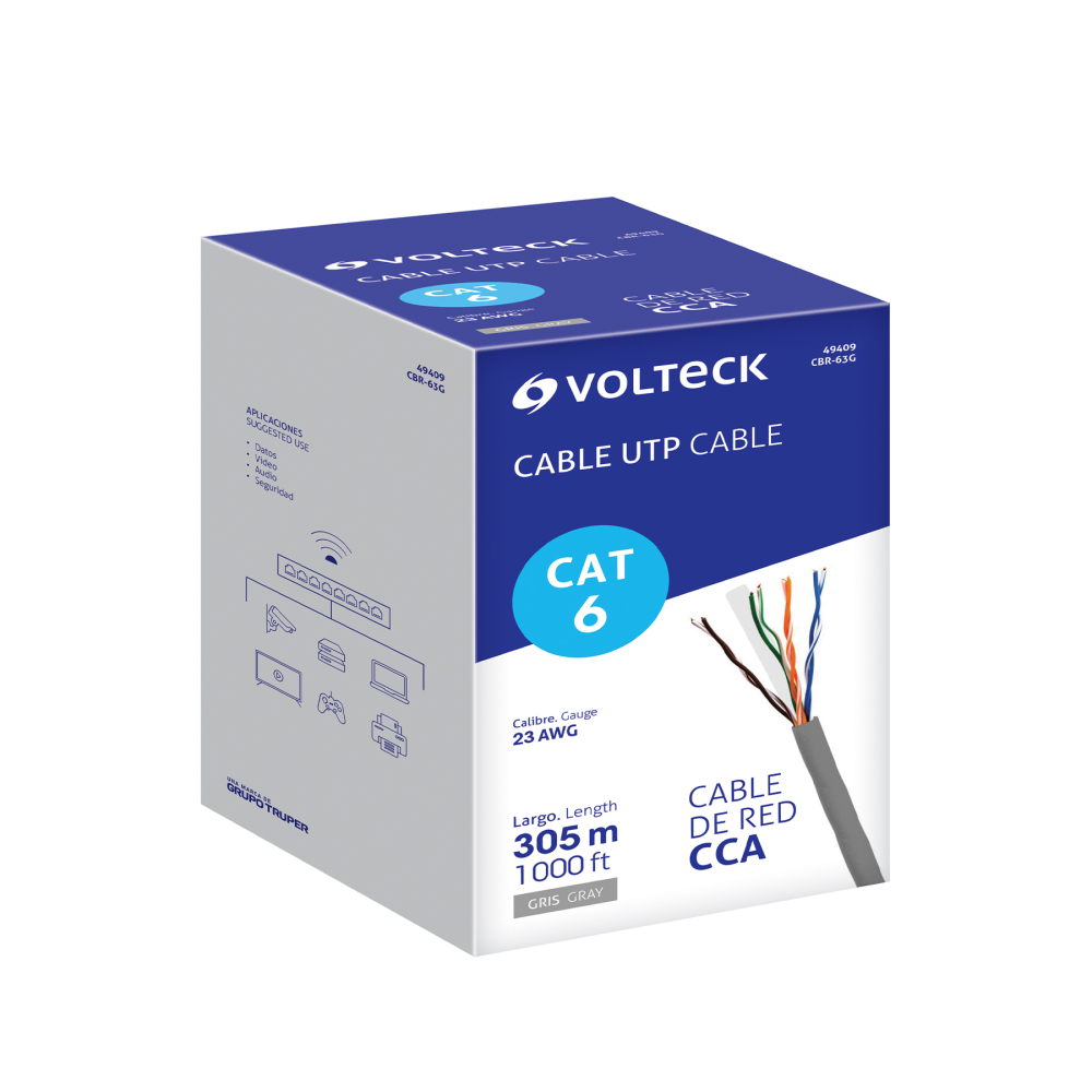 Metro de cable UTP CAT6, Bobina de 305m, gris, VOLTECK CBR-63G