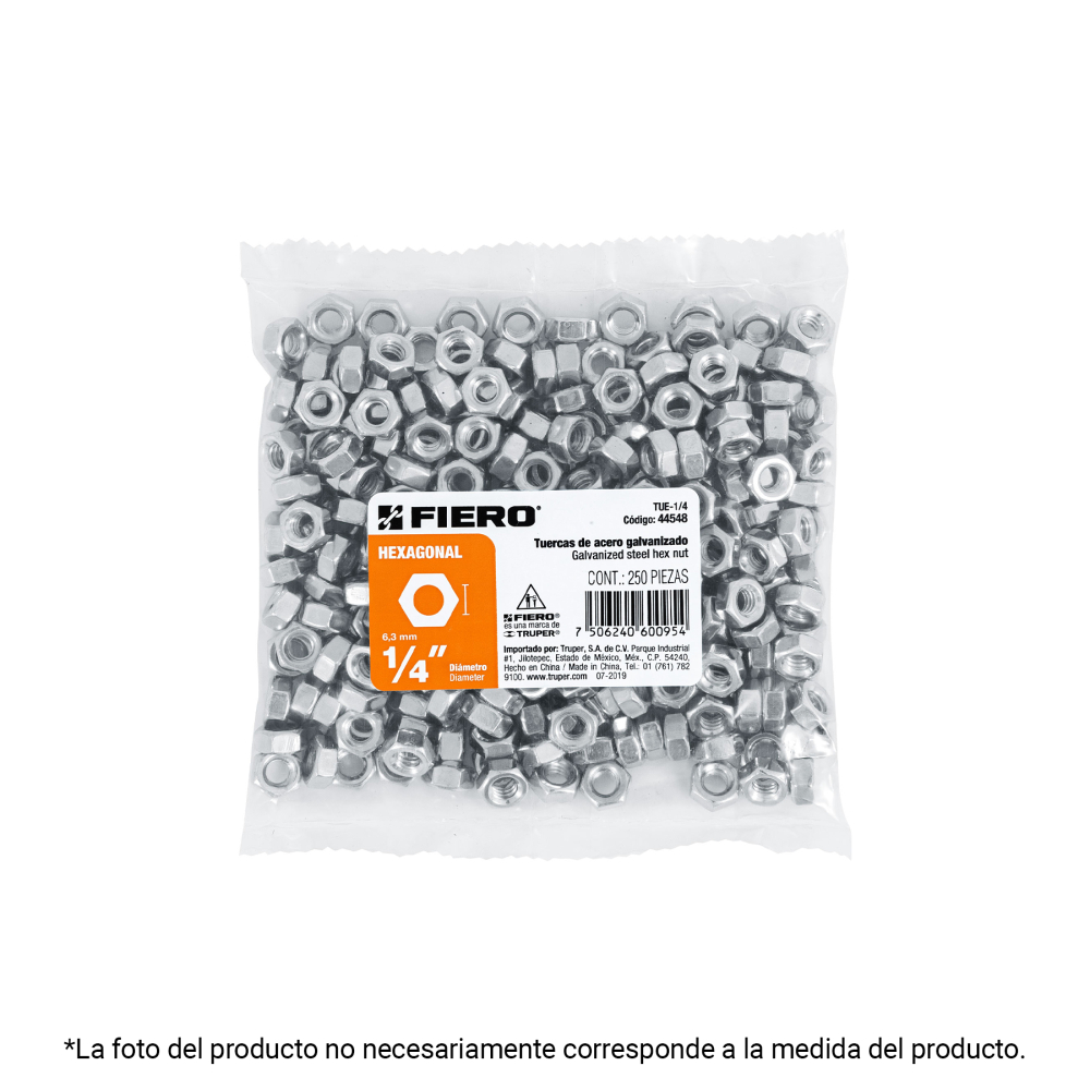 Bolsa con 8 tuercas 7/8' hexagonales de acero galvanizado TUE-7/8