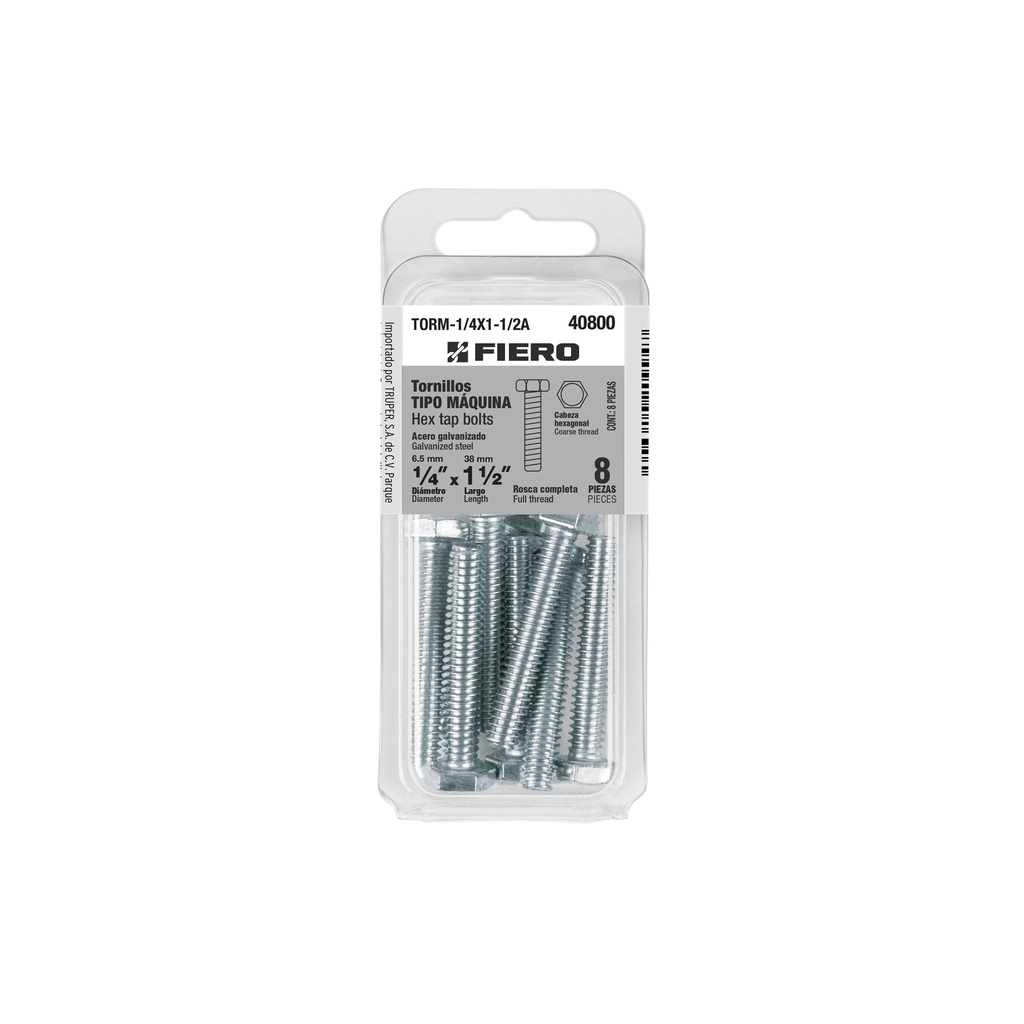 Blíster 8 tornillos máquina 1/4x1-1/2' hexagonal,galvanizado TORM-1/4X1-1/2A
