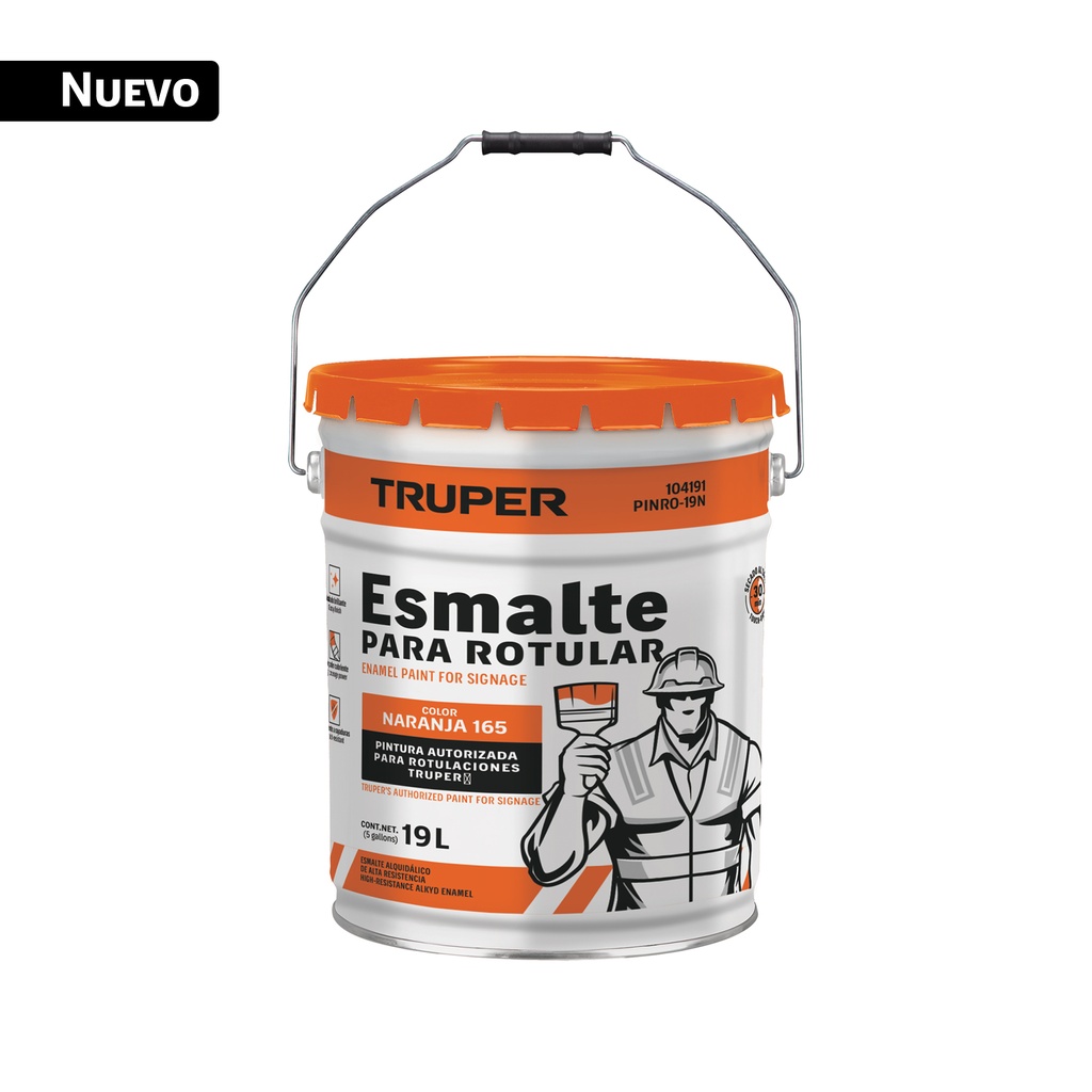 Pintura esmalte para rotular, naranja, cubeta 19 L, TRUPER PINRO-19N