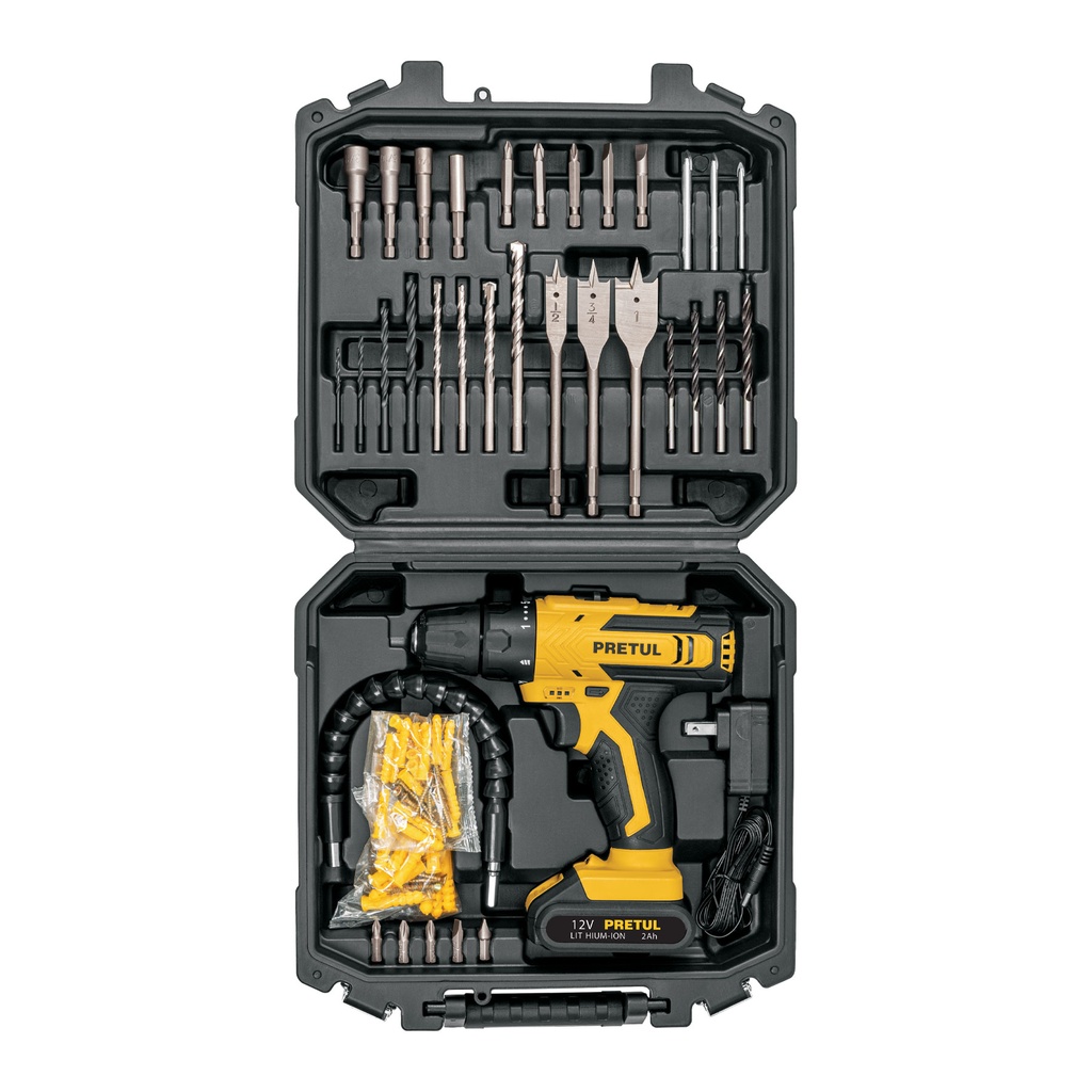 Kit taladro/destornillador 3/8', 12V, 33 accesorios, PRETUL TALI-12PK3