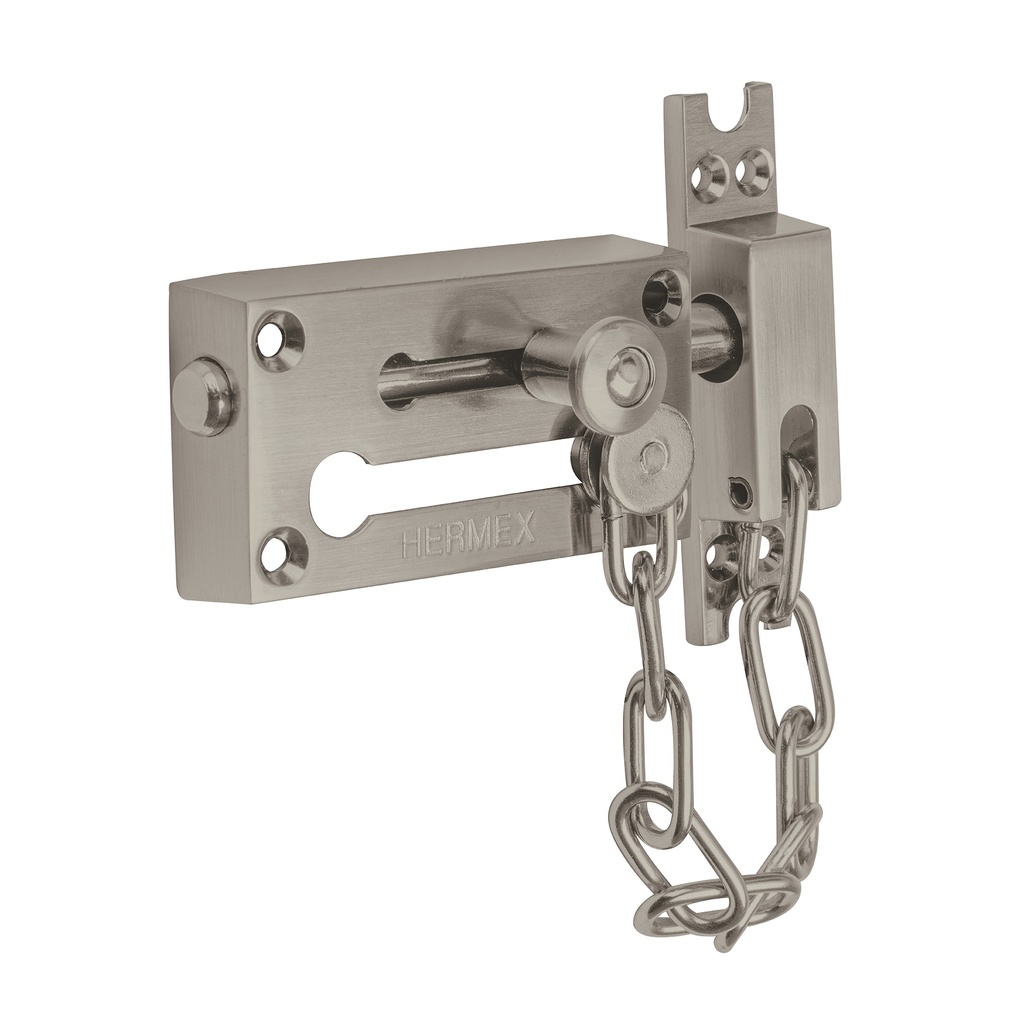 Pasador con cadena para puerta, acabado níquel satín, HERMEX PACA-4