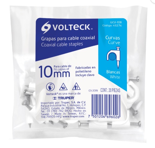 Bolsa con 100 grapas blancas de 10 mm para cable redondo GCU-10BC
