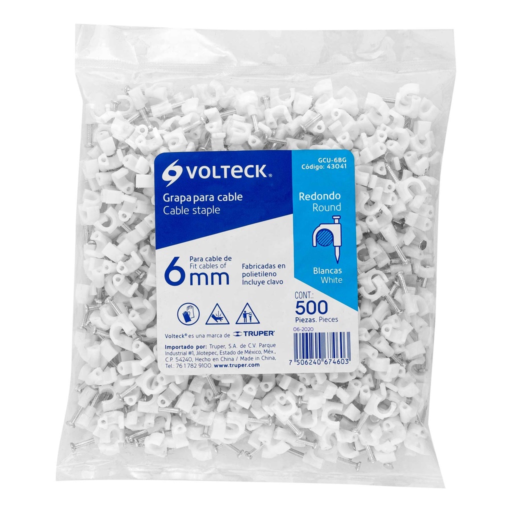 Bolsa con 100 grapas blancas de 6 mm para cable redondo GCU-6BC