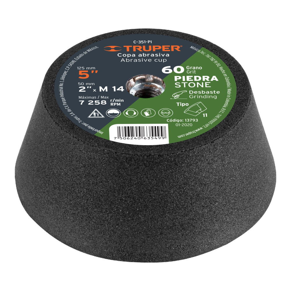Copa desbaste de piedra 5' grano 60, eje M14, TRUPER C-351-PI