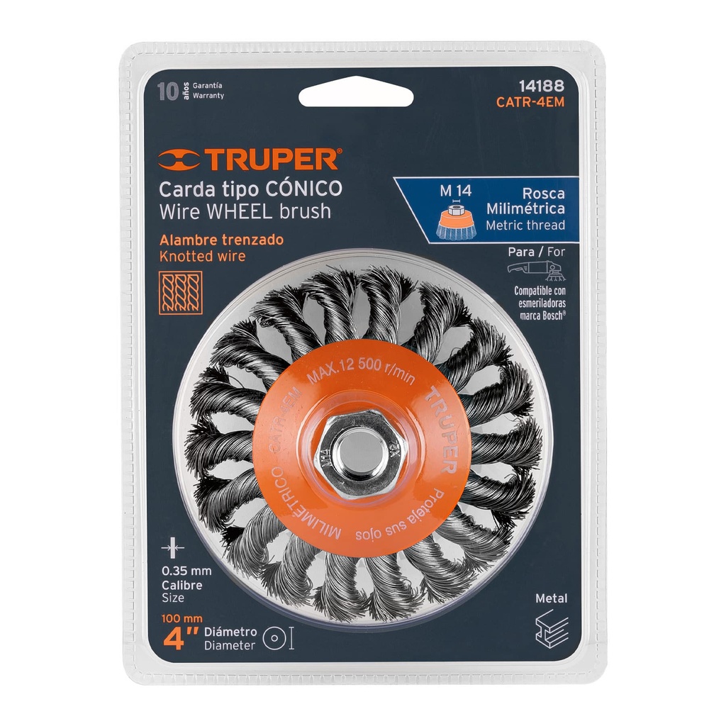 Carda tipo cónico 4' alambre trenzado, multi-rosca, TRUPER CATR-4EMR