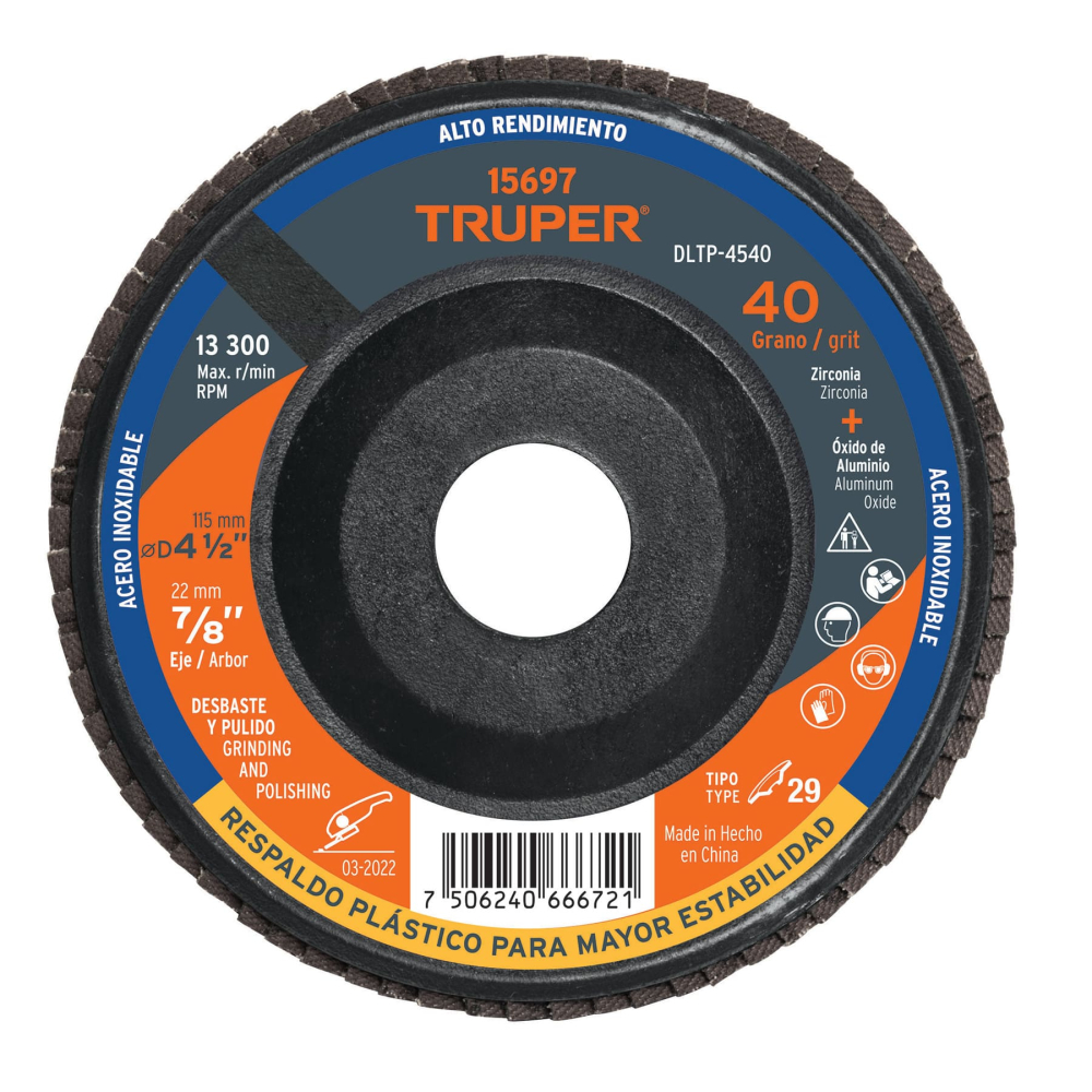 Disco laminado 4-1/2' grano 40 centro 7/8', plástico, TRUPER DLTP-4540