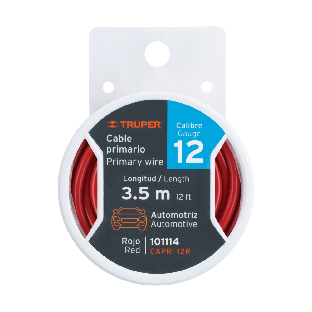 Carrete con 3.5 m de cable primario rojo calibre 12, TRUPER CAPRI-12R