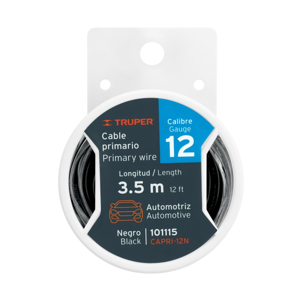 Carrete con 3.5 m de cable primario negro calibre 12, TRUPER CAPRI-12N