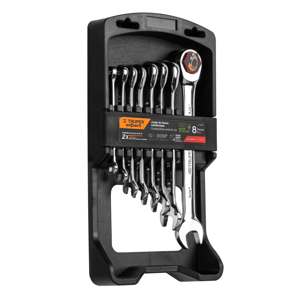 Juego de 8 llaves combinadas std pulidas con matraca, EXPERT JC-8XP