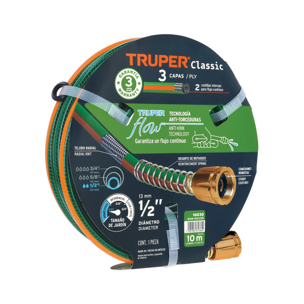 Manguera 1/2' reforzada 3 capas 10 m conexiones de metal MAN-10X1/2R