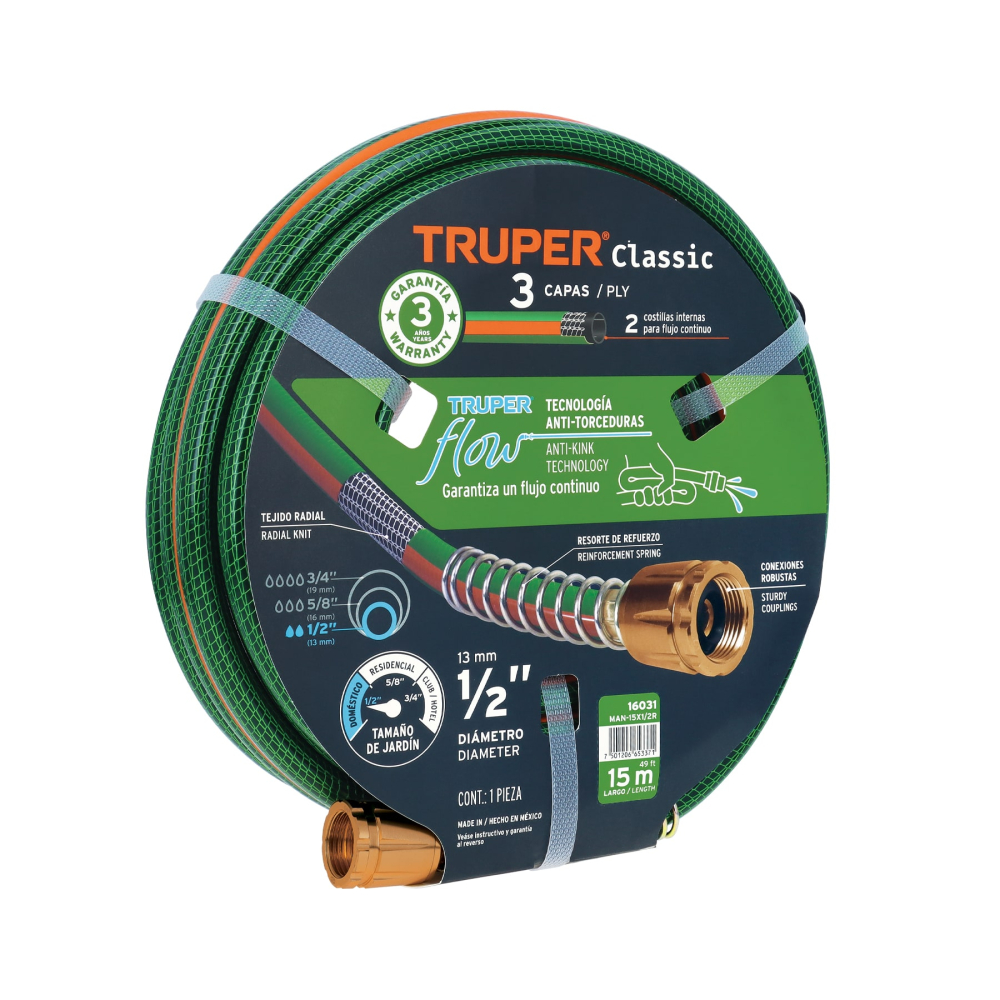 Manguera 1/2' reforzada 3 capas 15 m conexiones de metal MAN-15X1/2R