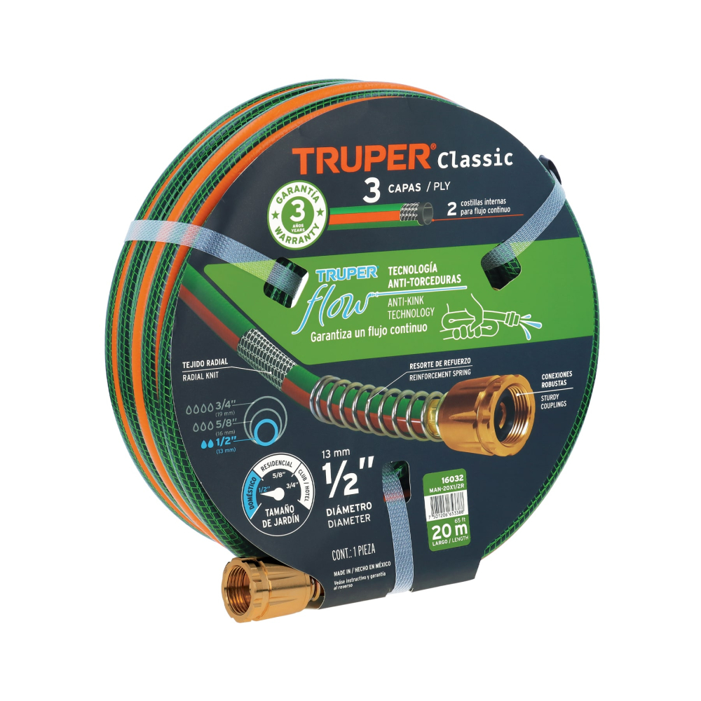 Manguera 1/2' reforzada 3 capas 20 m conexiones de metal MAN-20X1/2R