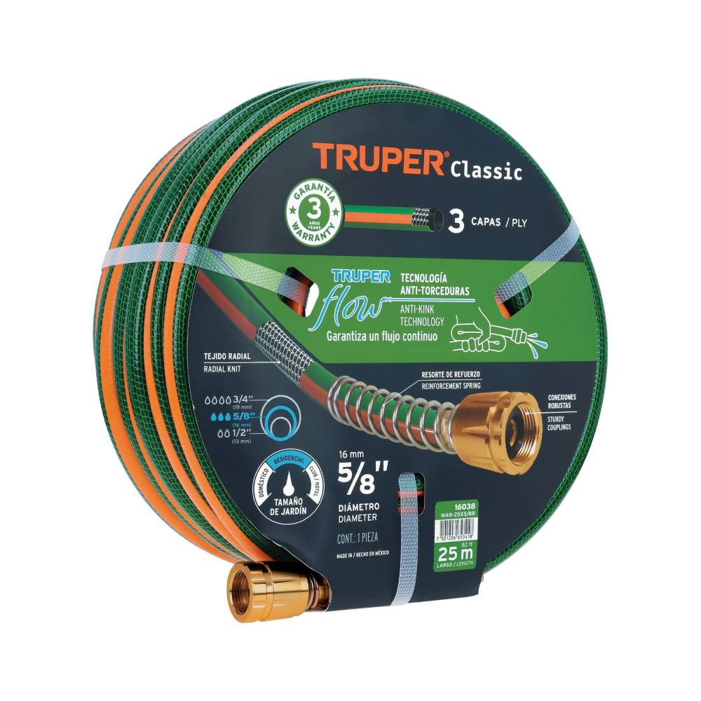 Manguera 5/8' reforzada 3 capas 25 m conexiones de metal MAN-25X5/8R