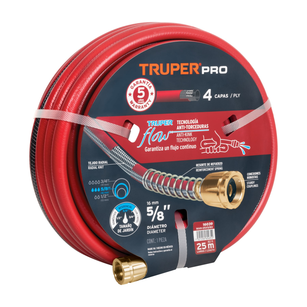 Manguera 5/8' super reforzada 4 capas 25 m conexiones metal MAN-25X5/8X