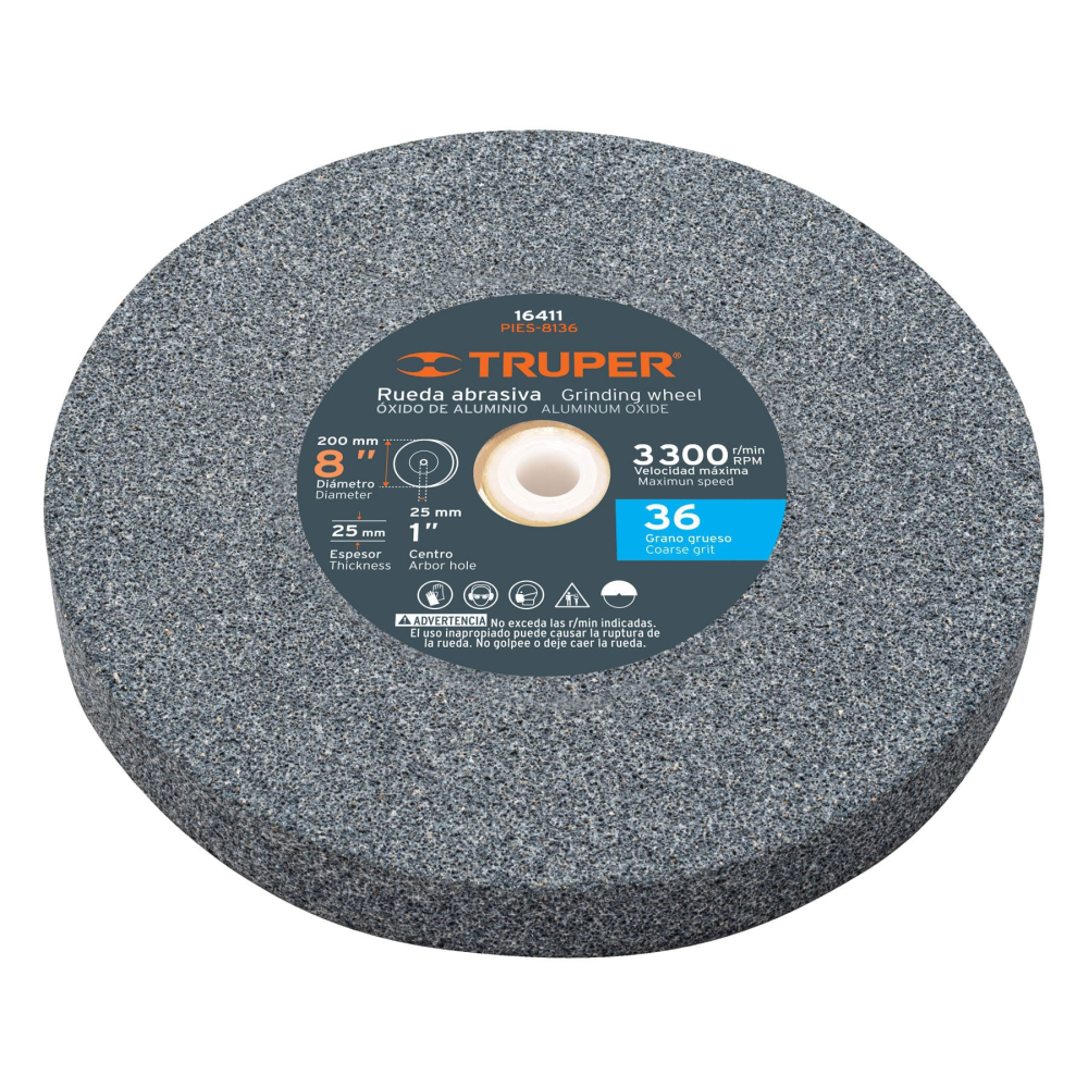 Rueda abrasiva p/esmeril 8'x25mm, óxido aluminio, grano 36 PIES-8136