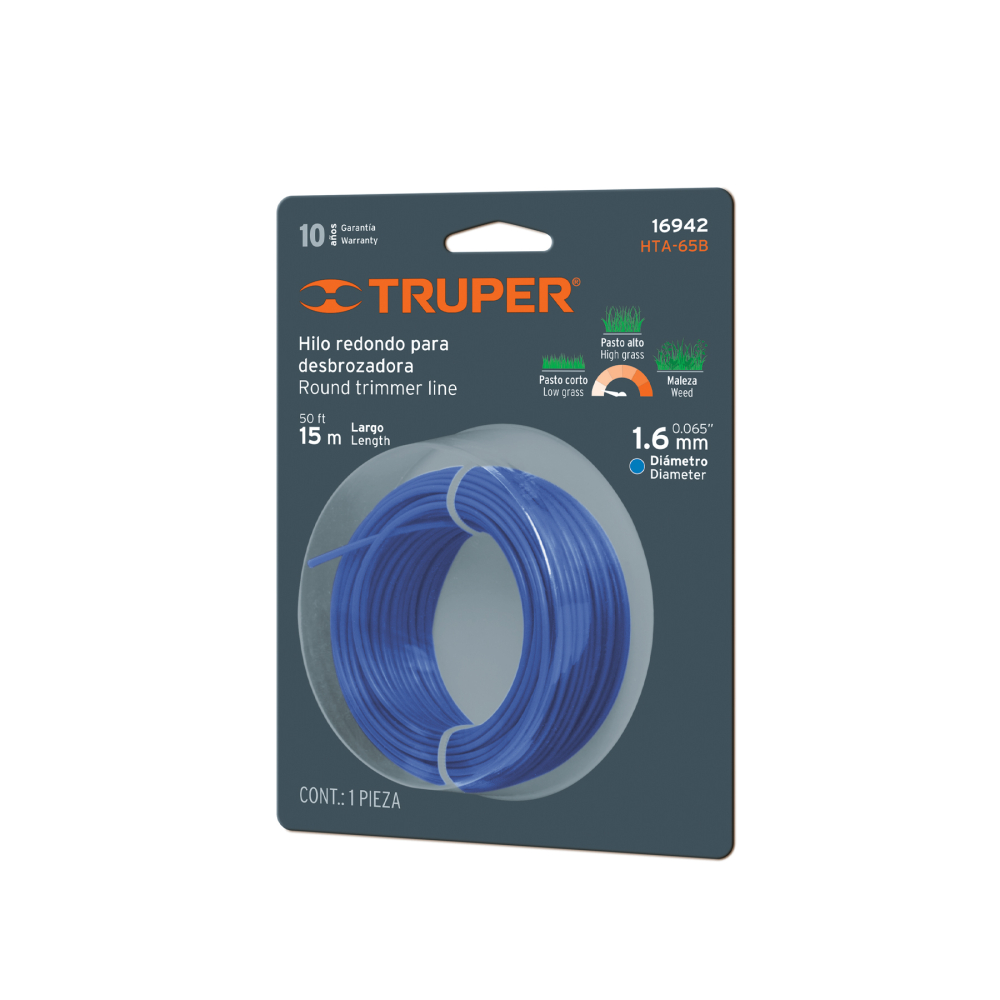 Hilo redondo, para desbrozadora, 1.6mm x 15m, tarjeta,TRUPER HTA-65B