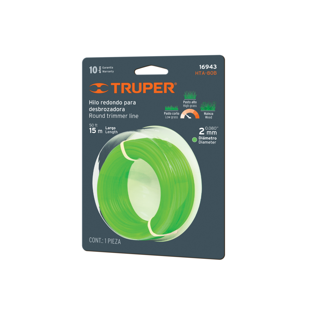 Hilo redondo, para desbrozadora, 2mm x 15m, tarjeta, TRUPER HTA-80B