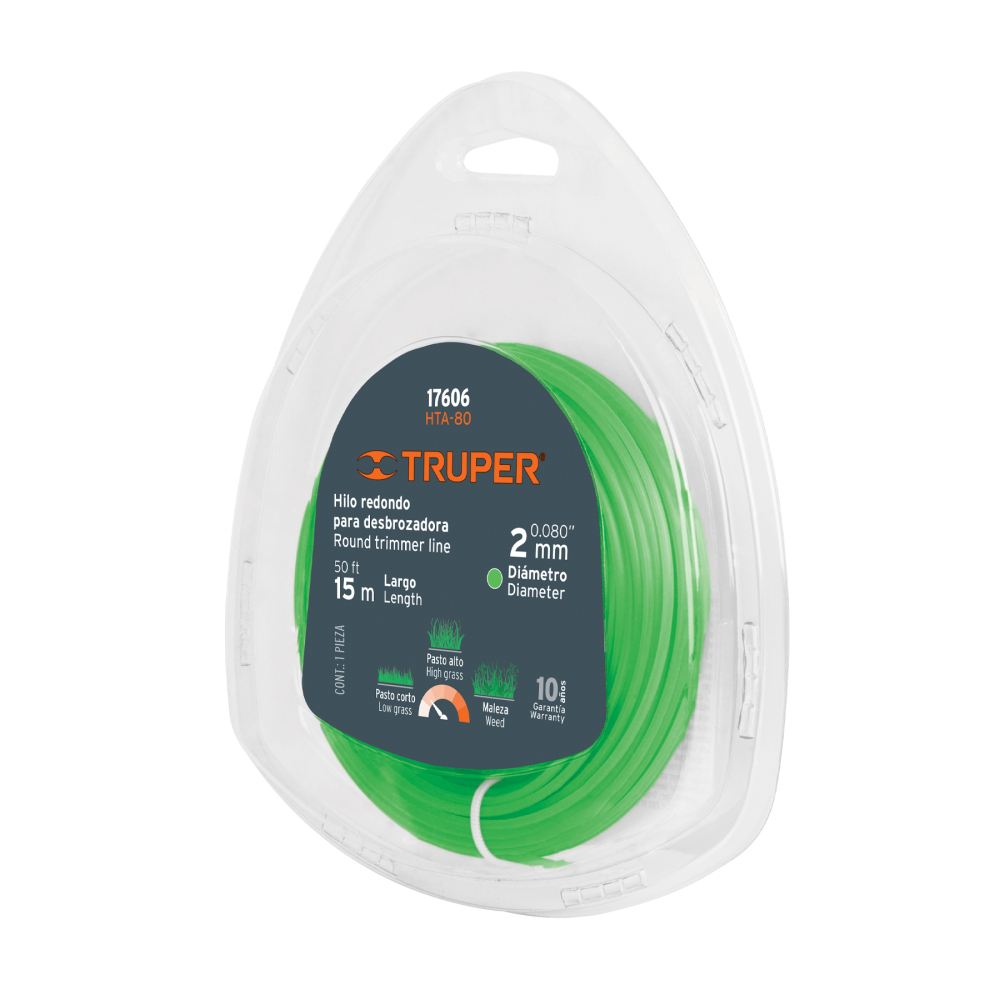 Hilo redondo, para desbrozadora, 2mm x 15m, blíster TRUPER HTA-80