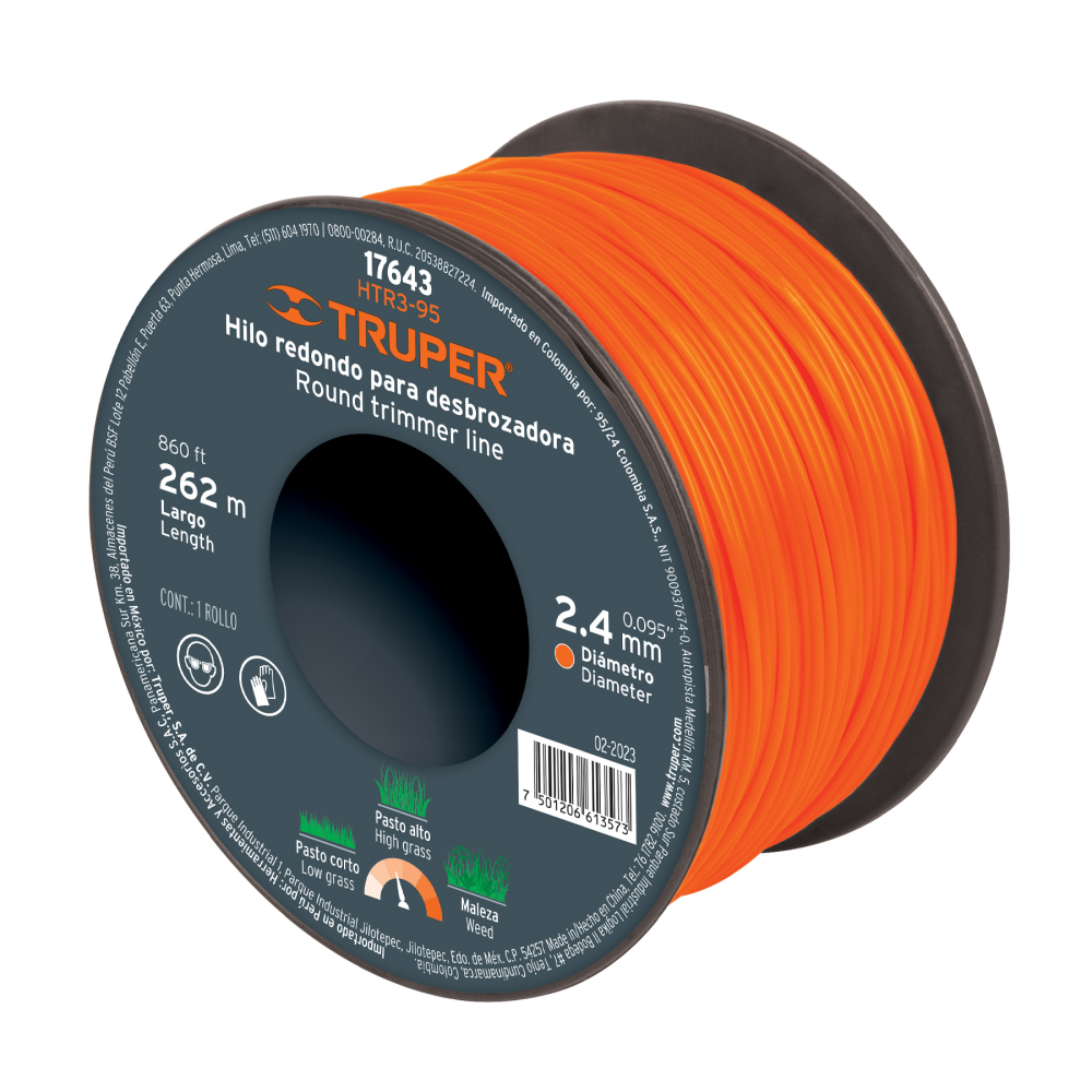 Hilo redondo, para desbrozadora, 2.4mm x 262m,carrete,TRUPER HTR3-95