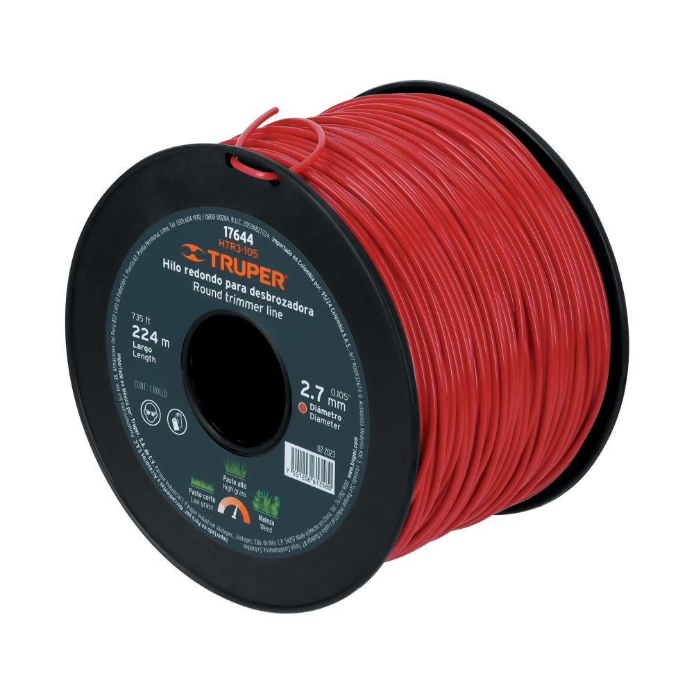 Hilo redondo, para desbrozadora, 2.7mm x 224m,carrete,TRUPER HTR3-105
