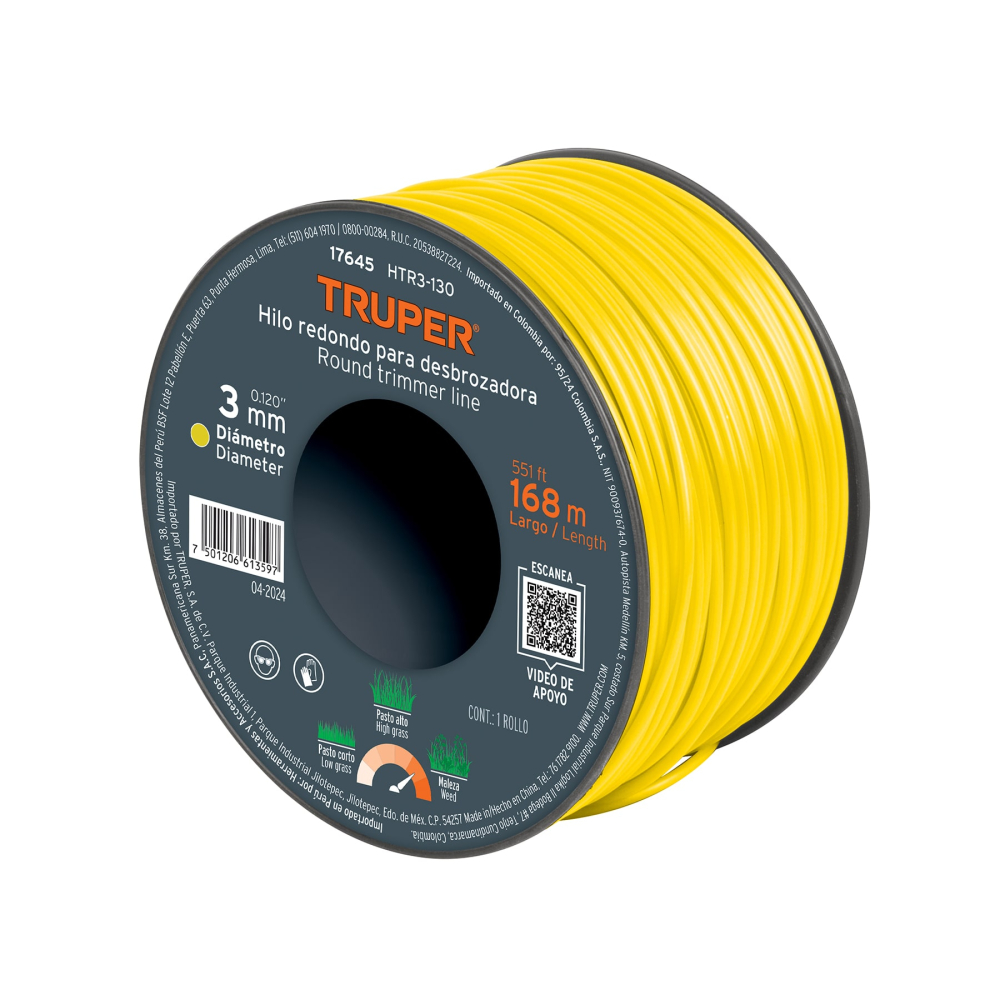 Hilo redondo, para desbrozadora, 3mm x 168m, carrete,TRUPER HTR3-130