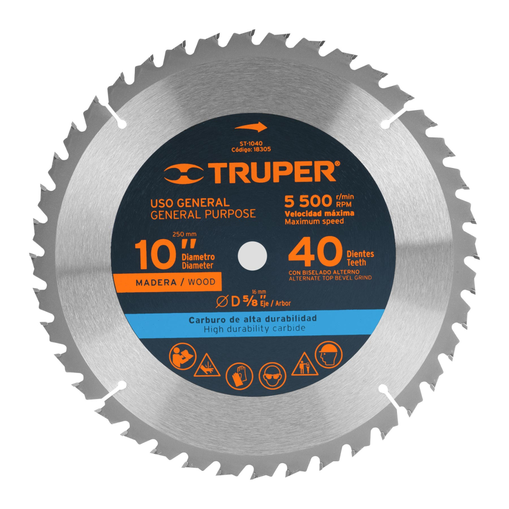 Disco sierra 10' para madera, 40 dientes centro 5/8', TRUPER ST-1040