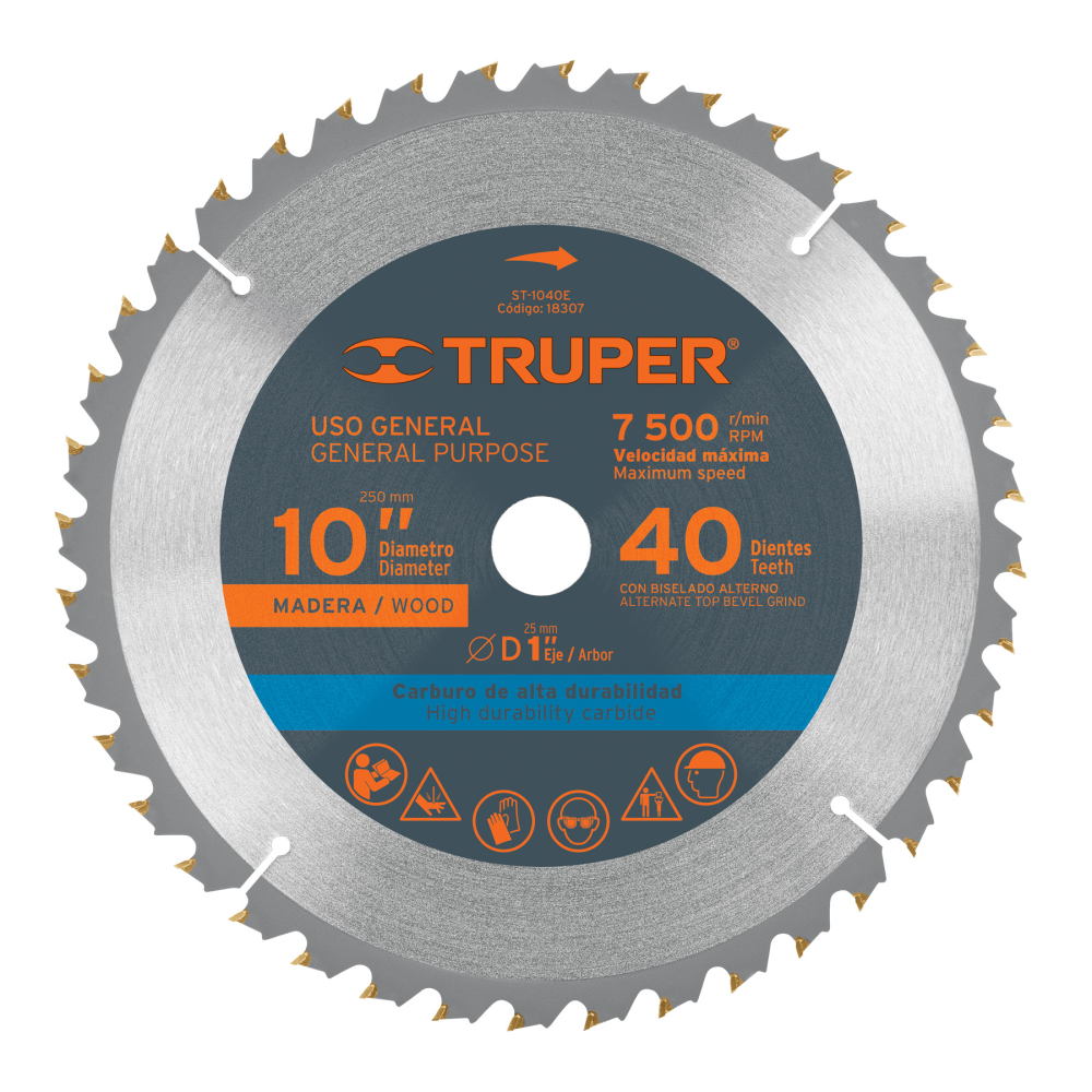 Disco sierra 10' para madera, 40 dientes centro 1', TRUPER ST-1040E