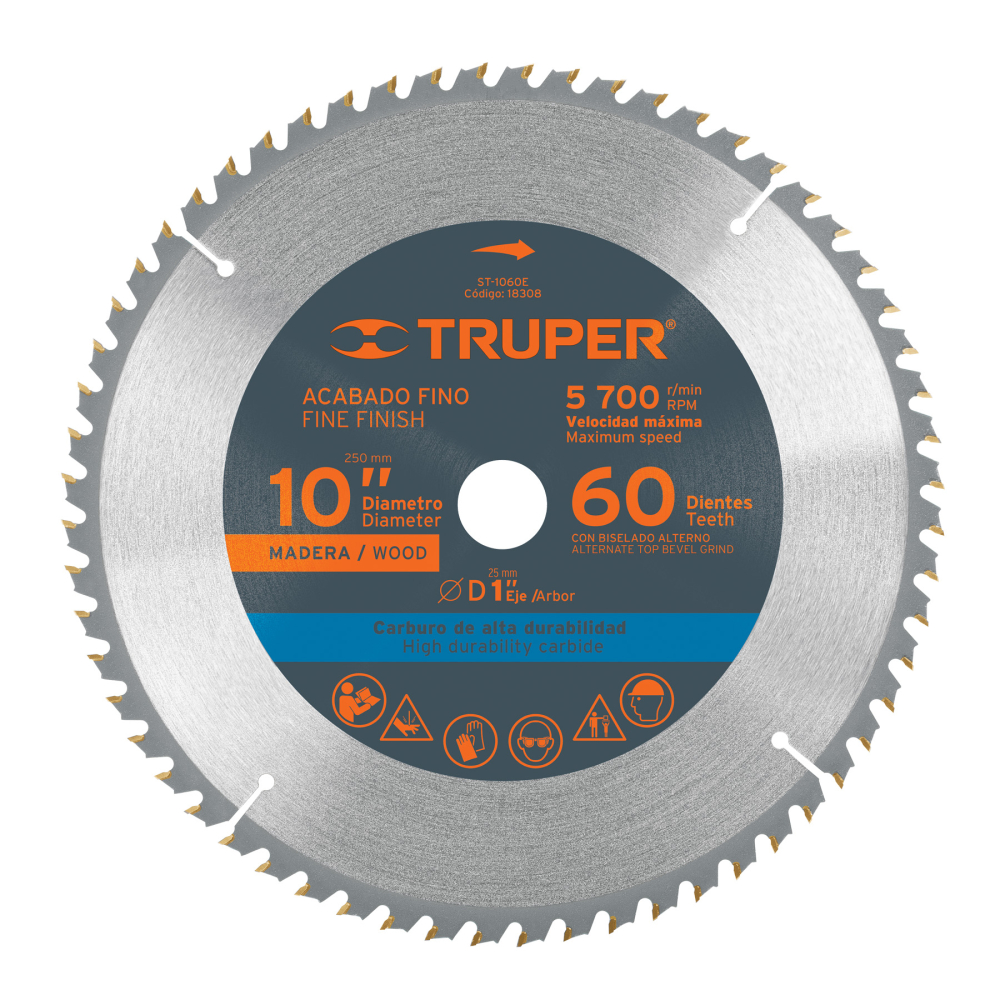 Disco sierra 10' para madera, 60 dientes centro 1', TRUPER ST-1060E