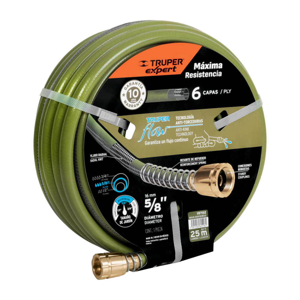 Manguera 5/8' anti-torceduras 6 capas 25m conexiones d/metal MAN-25x5/8XX