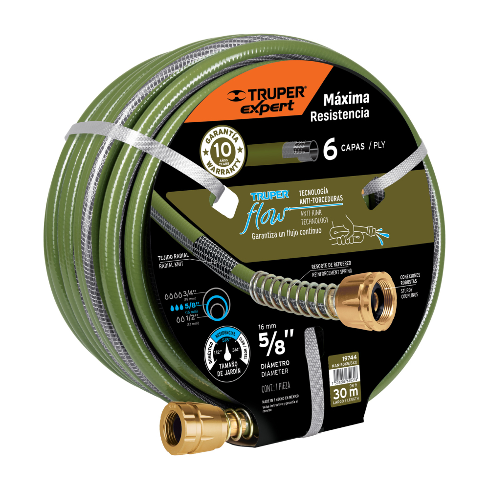 Manguera 5/8' anti-torceduras 6 capas 30m conexiones d/metal MAN-30X5/8XX