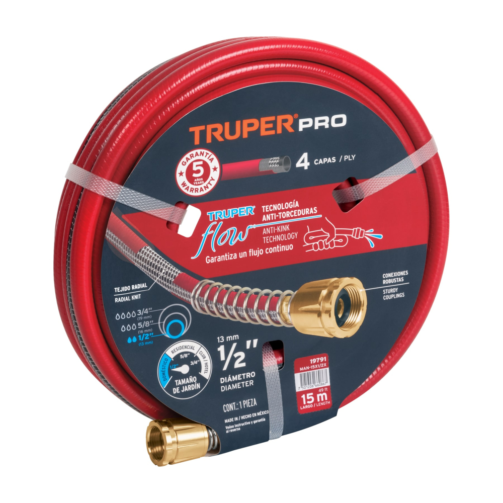 Manguera 1/2' super reforzada 4 capas 15 m conexiones metal MAN-15X1/2X