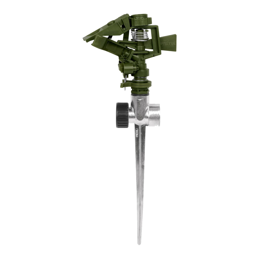Aspersor plástico 11' dos vías estaca metálica verde, PRETUL ASVE-11X