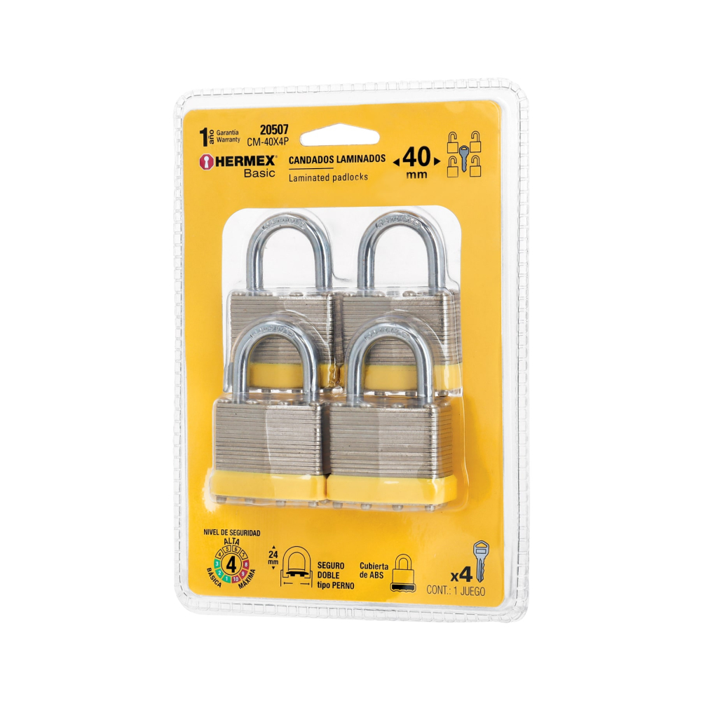 Juego de 4 candados cuerpo laminado, 40 mm, HERMEX BASIC CM-40X4P
