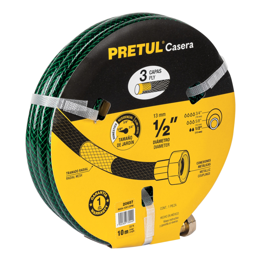 Manguera 1/2' reforzada 3 capas conexiones metal 10m, PRETUL MAN-10X1/2PM