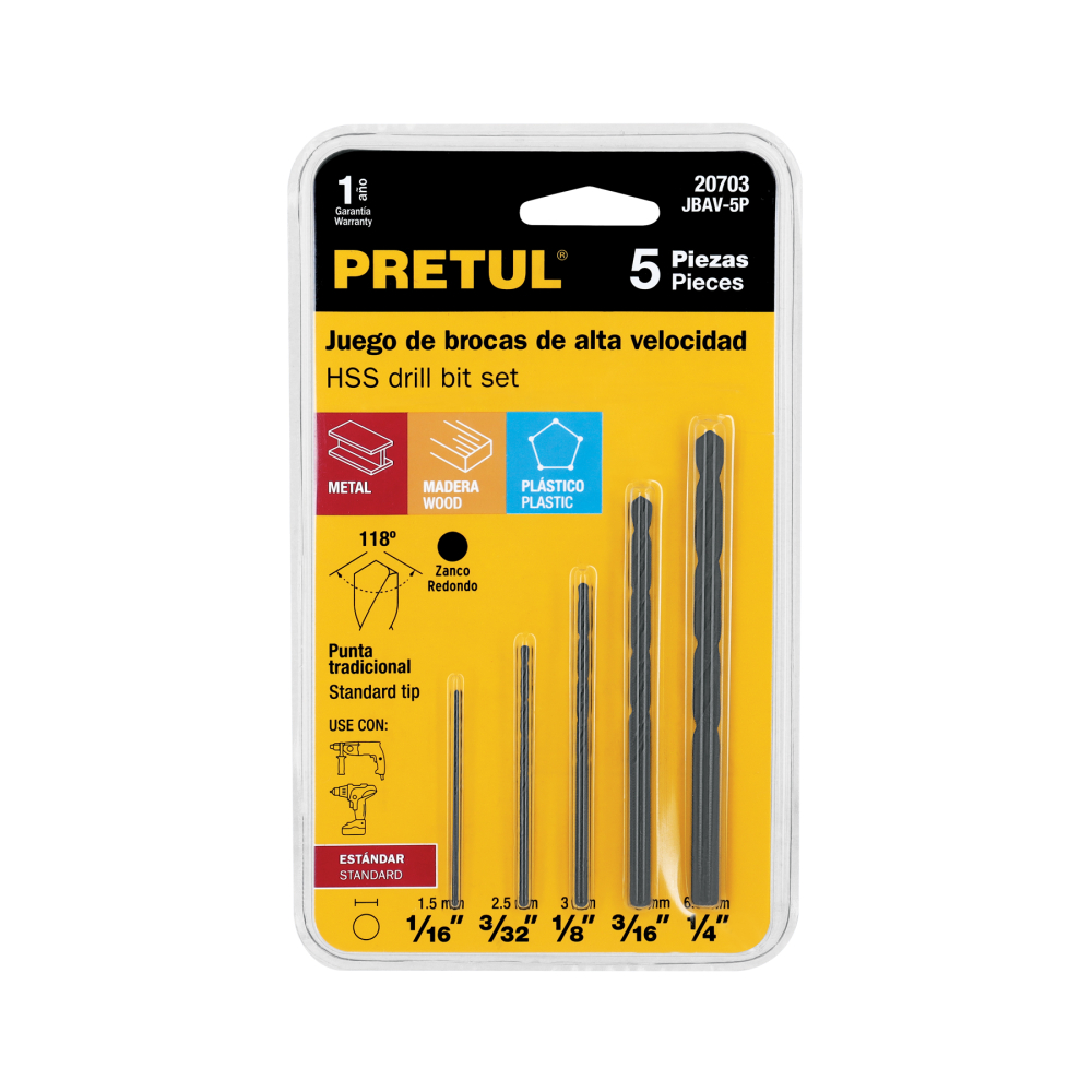 Juego de 5 brocas HSS para metal, Pretul JBAV-5P