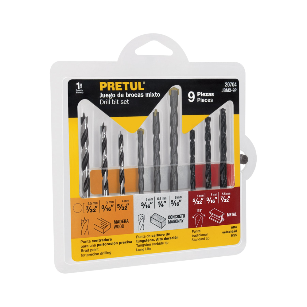 Juego de 9 brocas para metal, concreto y madera, PRETUL JBMX-9P