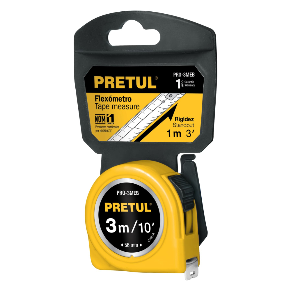 Flexómetro amarillo 3 m cinta 13 mm, en tarjeta, PRETUL PRO-3MEB