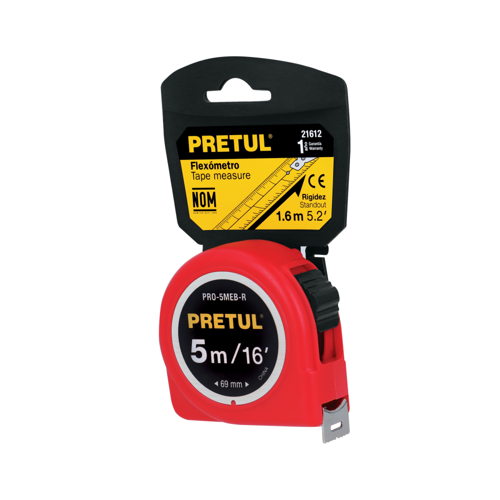 Flexómetro rojo 5 m cinta 19 mm, en tarjeta, PRETUL PRO-5MEB-R