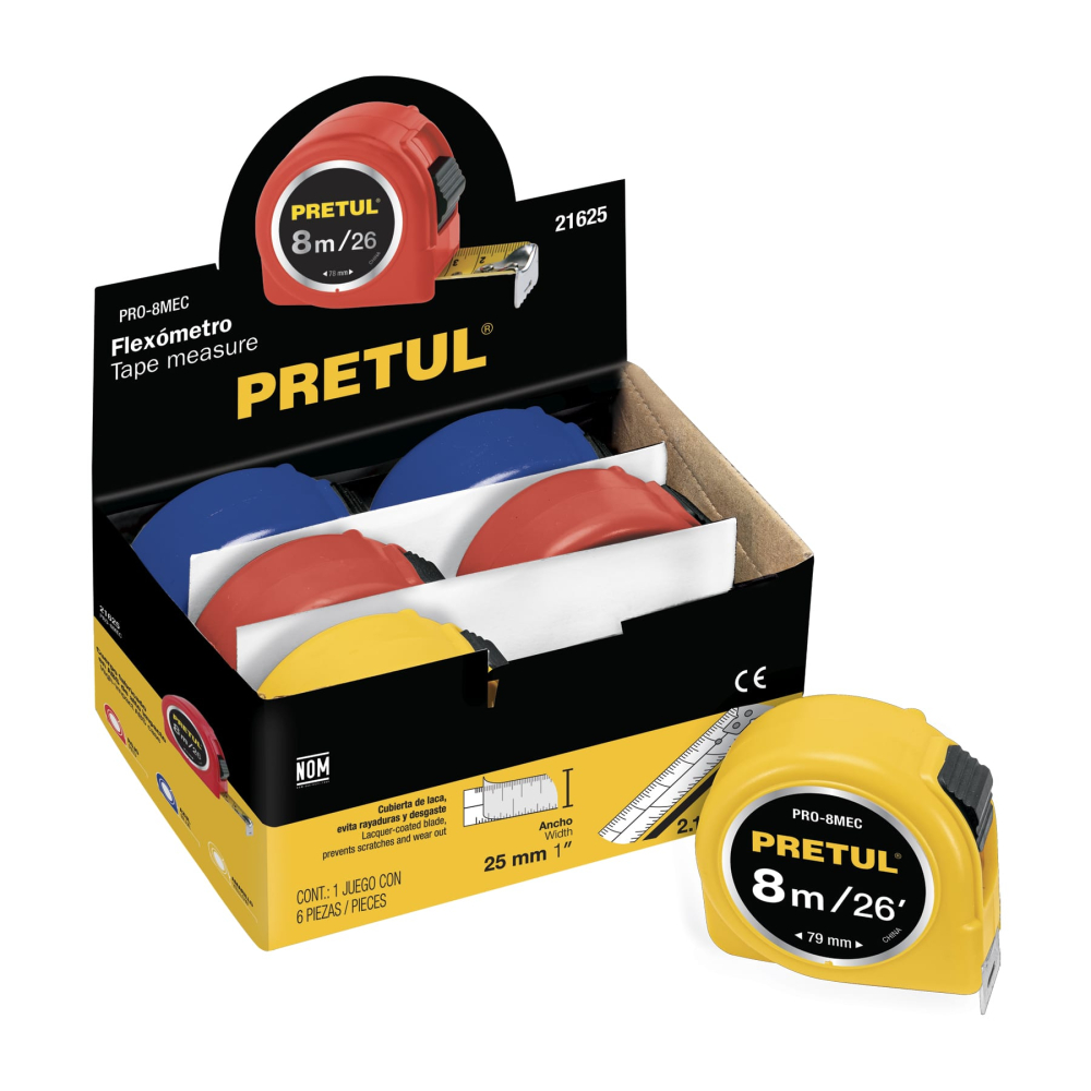 Flexómetro 8 m cinta 25 mm, en display box, PRETUL PRO-8MEC
