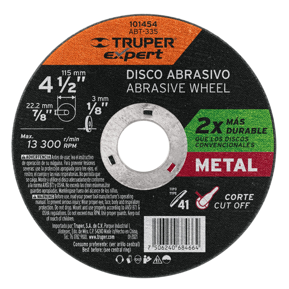 Disco para corte de metal 4-1/2' tipo 41, TRUPER EXPERT ABT-335