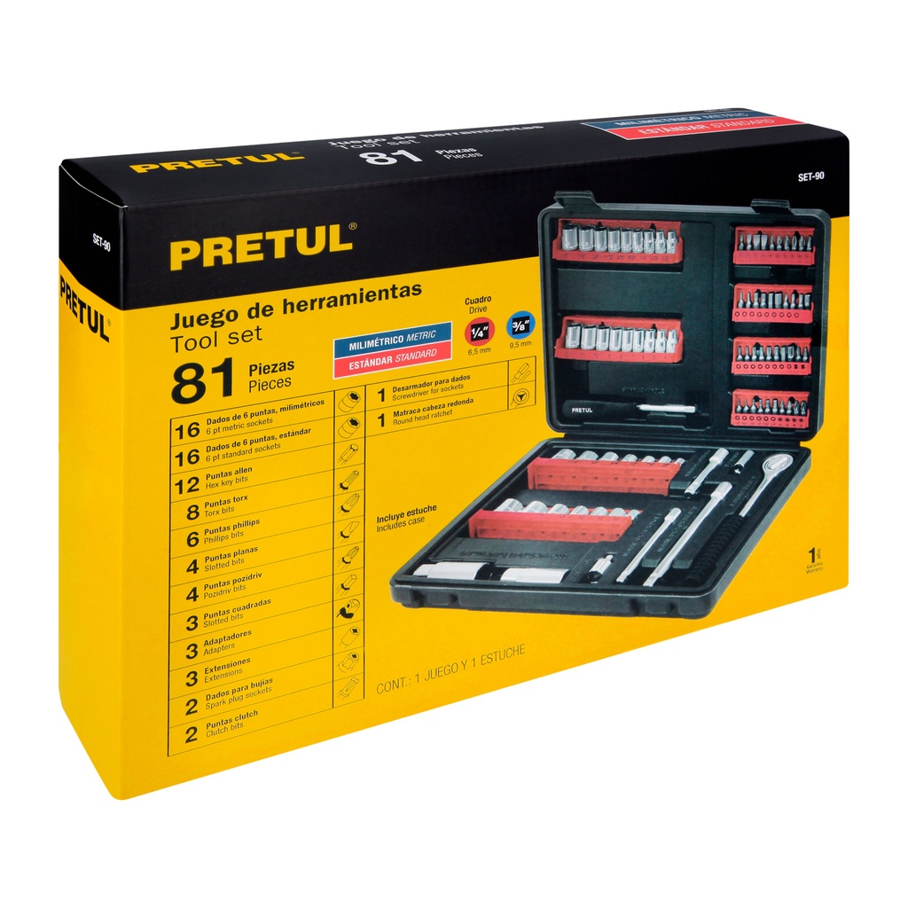 Juego de 81 herramientas 1/4' y 3/8' para mecánico, Pretul SET-90