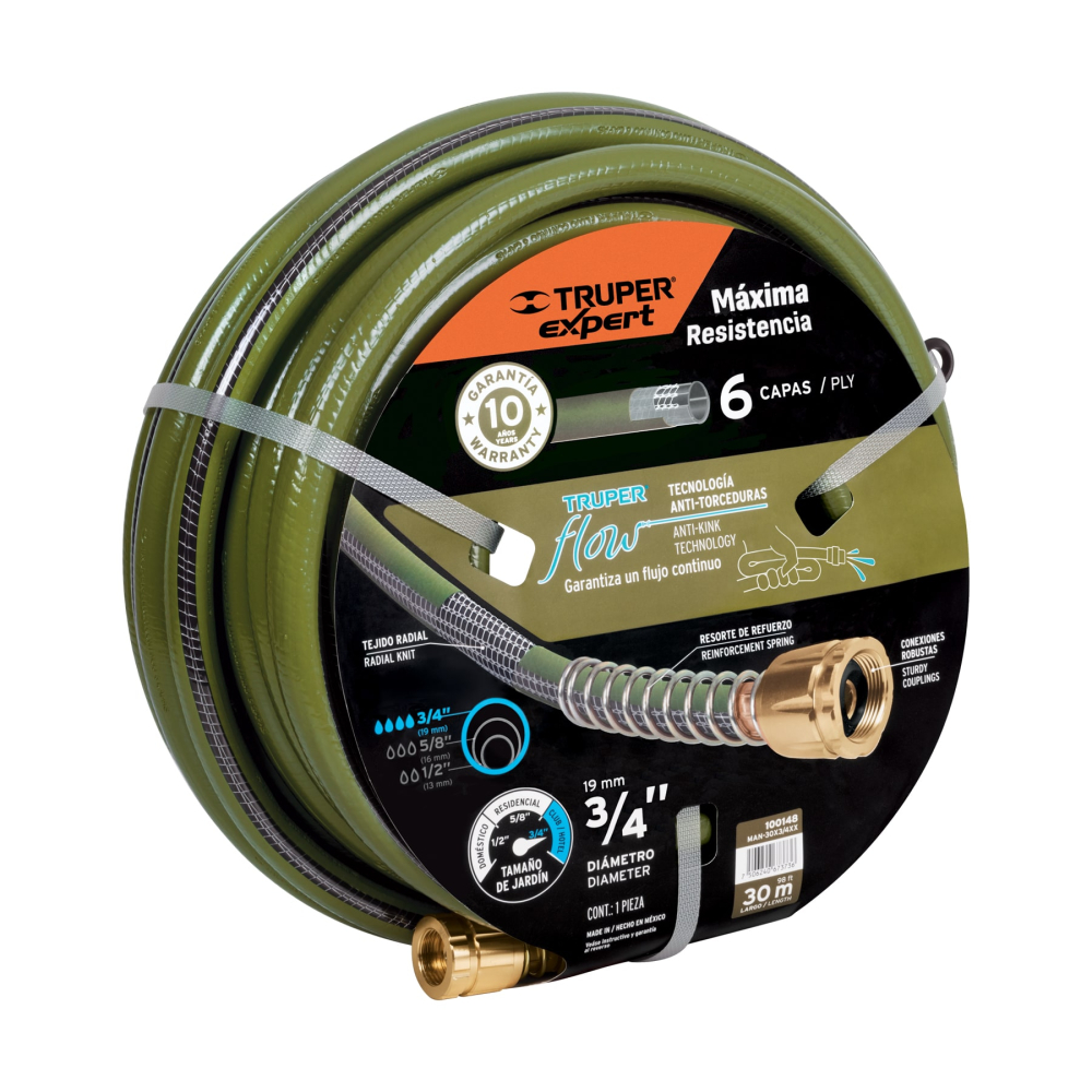 Manguera 3/4' anti-torceduras 6 capas 30m conexiones d/metal MAN-30X3/4XX
