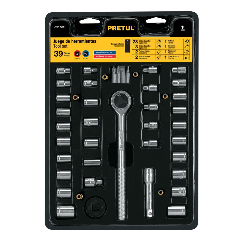 Juego de 39 herramientas 1/4' y 3/8' para mecánico, Pretul JUDA-40PB